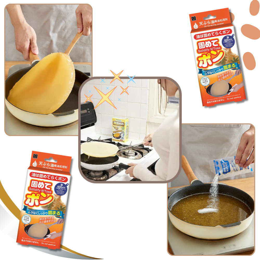 Solidificante de óleo de fritura FryAway para limpeza doméstica, demonstrando a ação de solidificação do óleo usado.