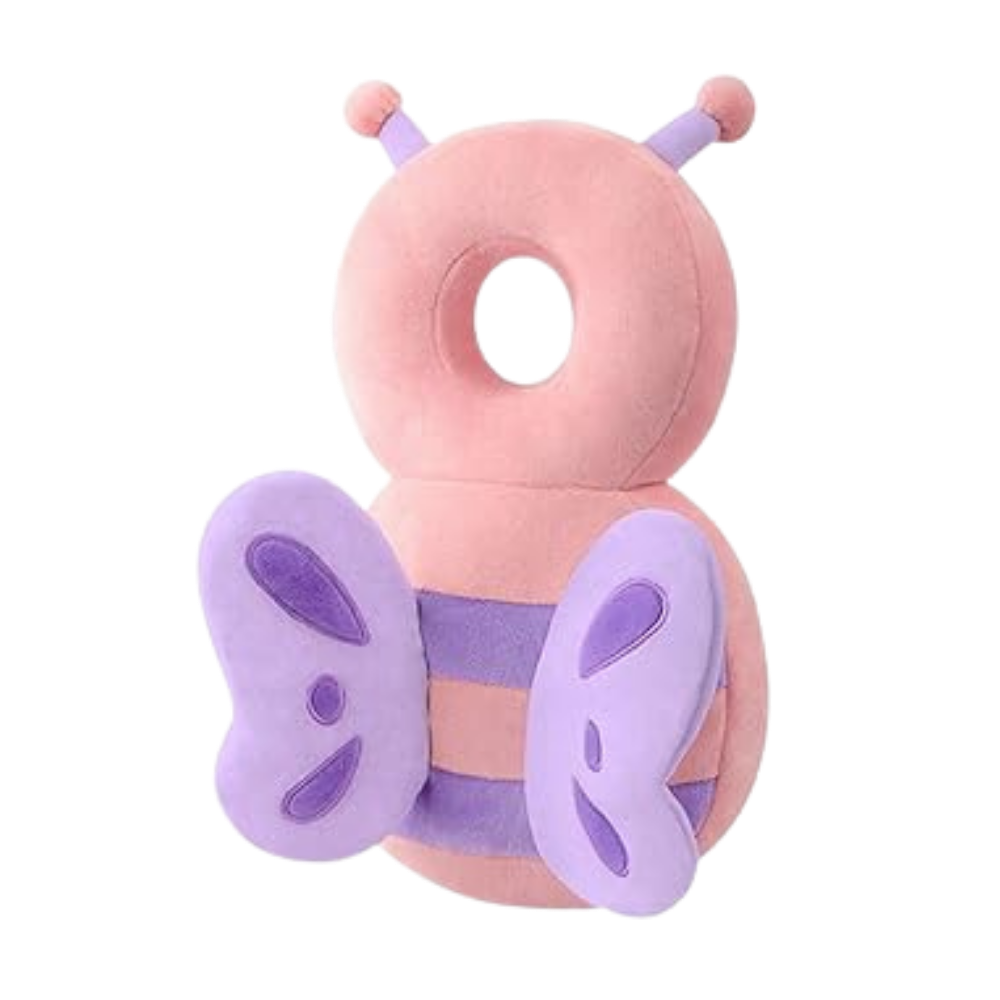 Protetor de cabeça para bebê da Dido, acessório de segurança hipoalergênico, com design de borboleta rosa.