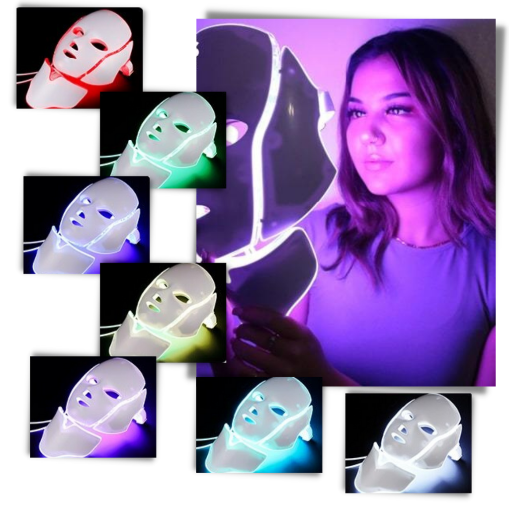 Máscara profissional de luminoterapia a LED da Icoco, com luzes coloridas para cuidados com a pele.