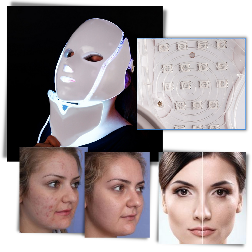 Máscara profissional de luminoterapia a LED da Icoco, com luzes coloridas para tratamentos faciais de beleza e relaxamento.