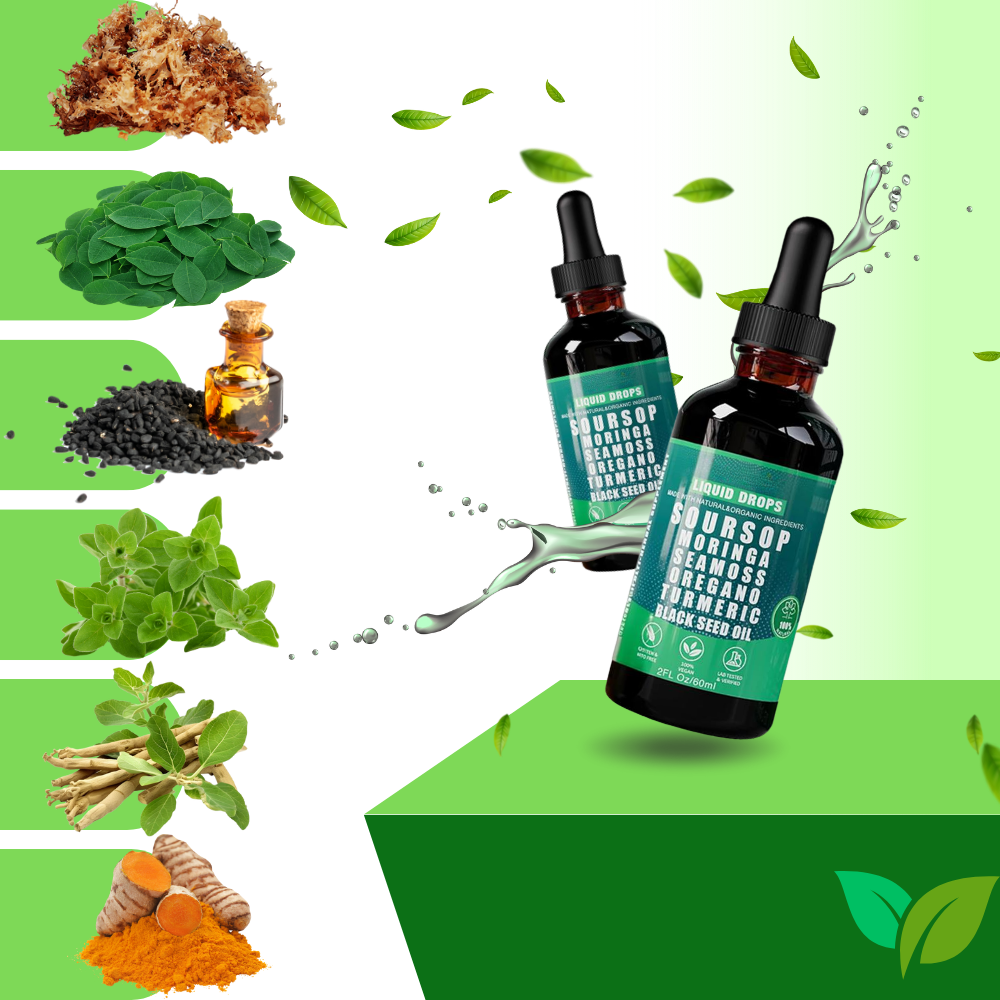Gotas de extrato de Corossol e plantas naturais da marca Ikzee para fitness e nutrição, apresentadas em frasco com conta-gotas