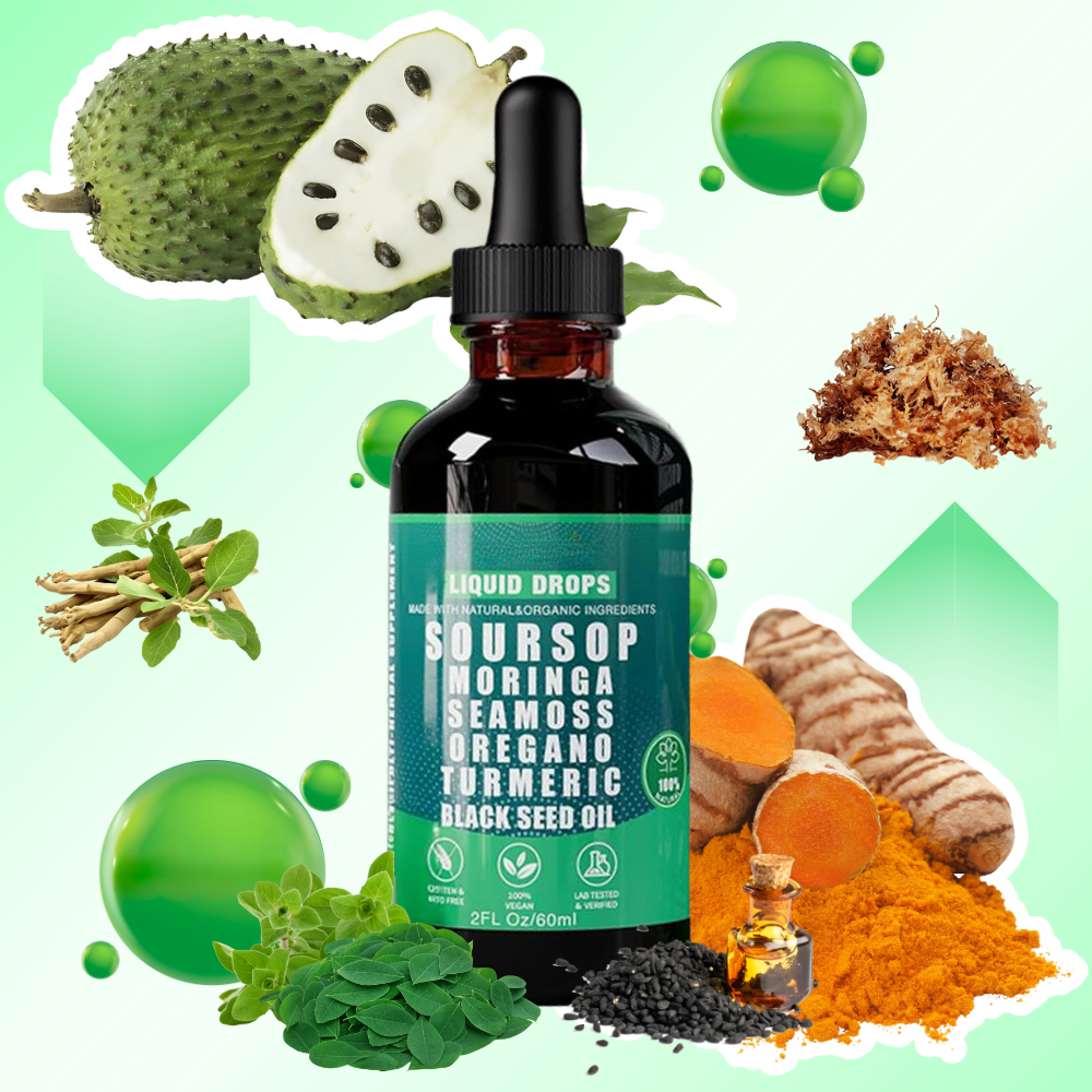Gouttes de extrait de corossol et plantes naturelles, produit de fitness et nutrition Ikzee, présenté dans une bouteille.