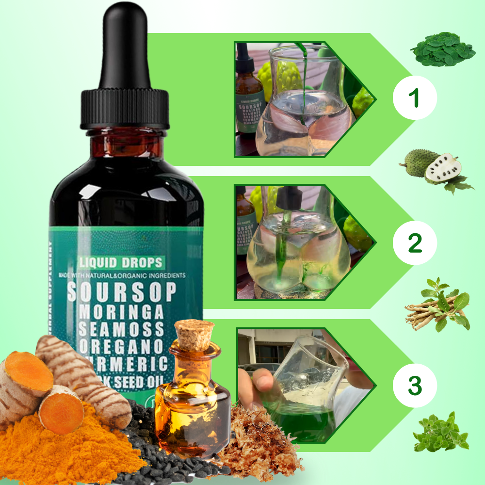 Gotas de extrato de corossol e plantas naturais da marca Ikzee para fitness e nutrição, em frasco com rótulo.