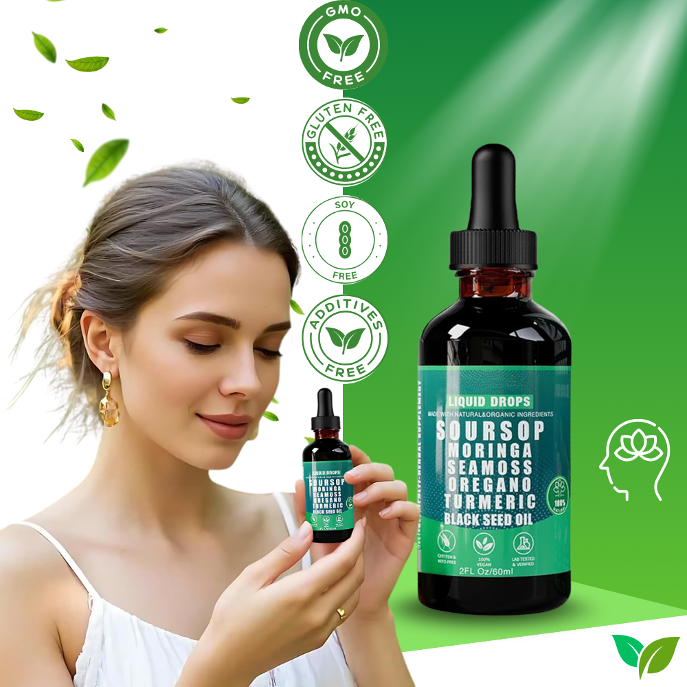 Gotas de extrato de Corossol e plantas naturais da marca Ikzee, suplemento de fitness e nutrição, frasco com gotas transparentes.