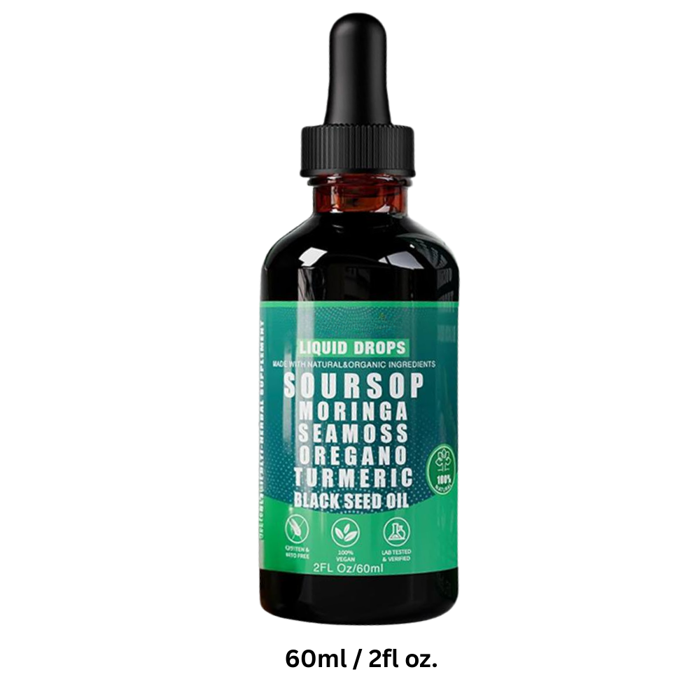 Gotas de extrato de corossol e plantas naturais da marca Ikzee, produto de fitness e nutrição, em frasco com rótulo.