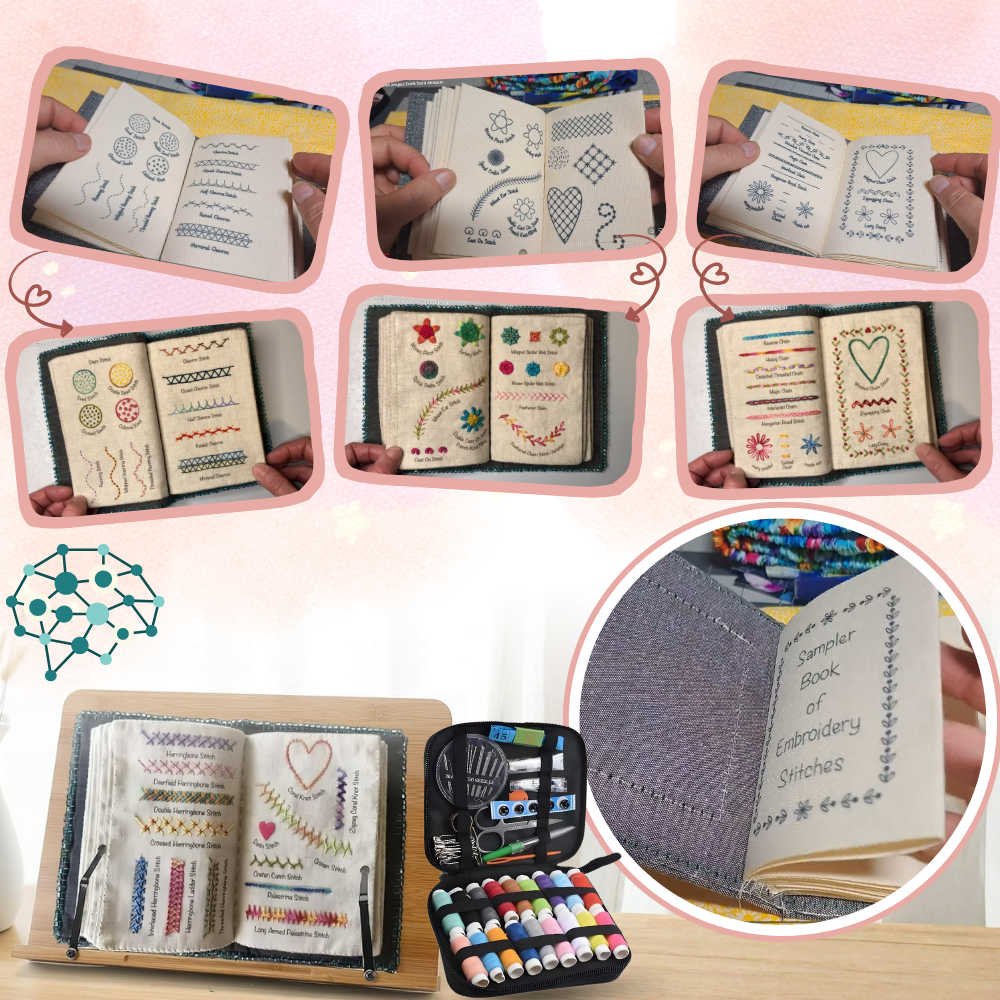Livro de pontos de bordado em linho da marca Infunly, com detalhes de pontos de bordado em tecido de linho para artesanato.