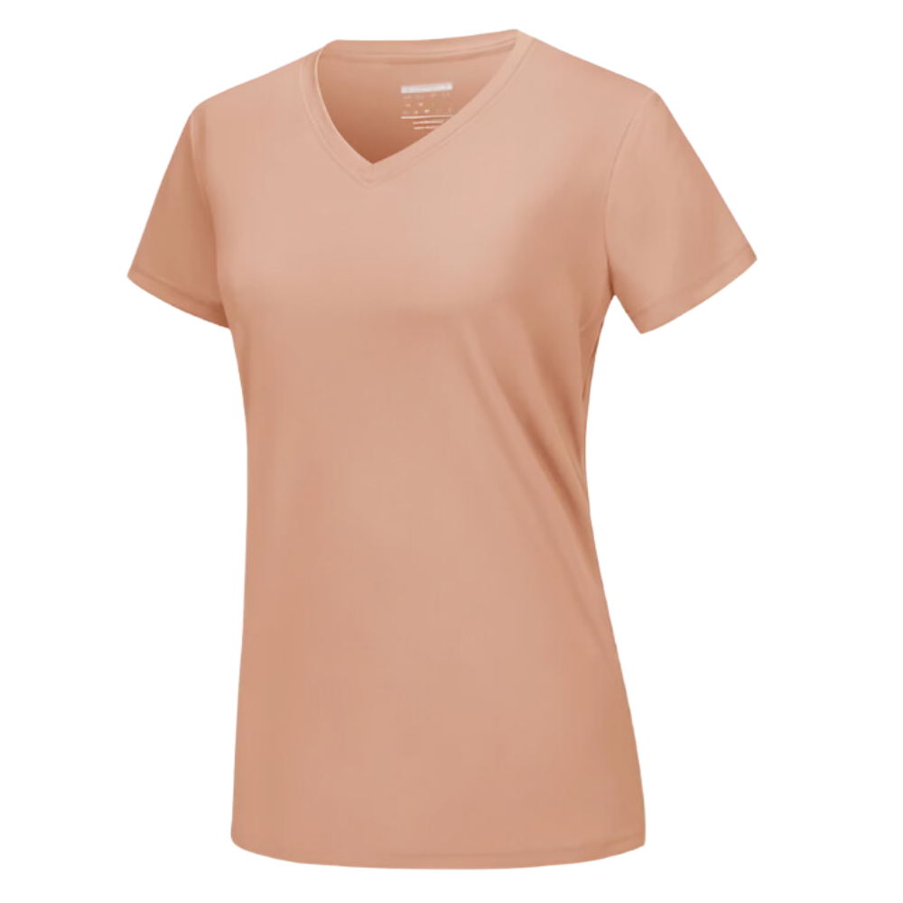 Camiseta feminina com decote em V refrescante da Fruit of the Loom, cor laranja pêssego, tecido leve e confortável.