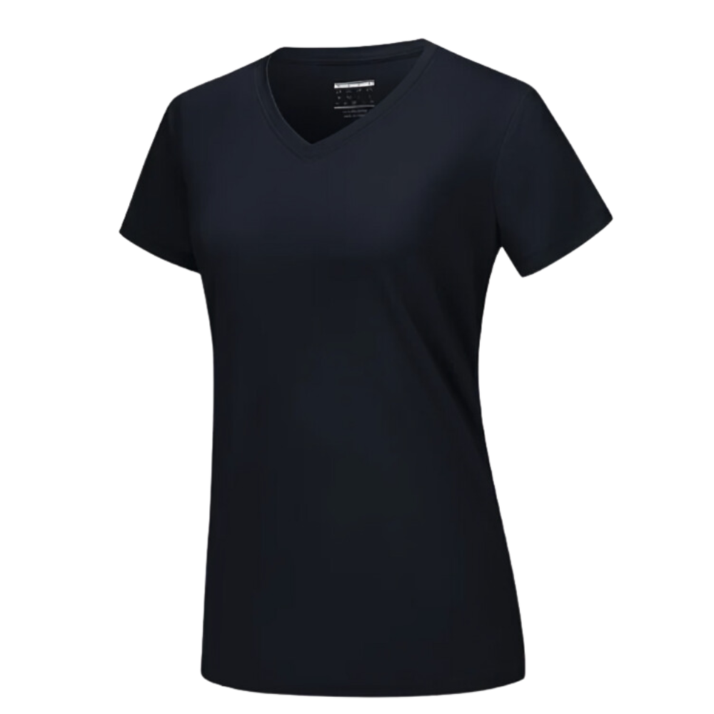Blusa feminina da Fruit Of The Loom com decote em V refrescante, feita de tecido leve na cor preta.