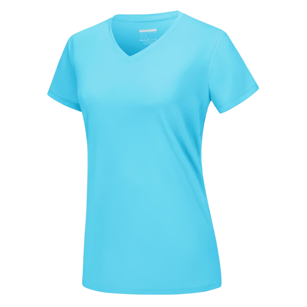 T-shirt feminino de resfriamento com decote V da Fruit Of The Loom, na cor azul gelo, tecido leve e confortável.