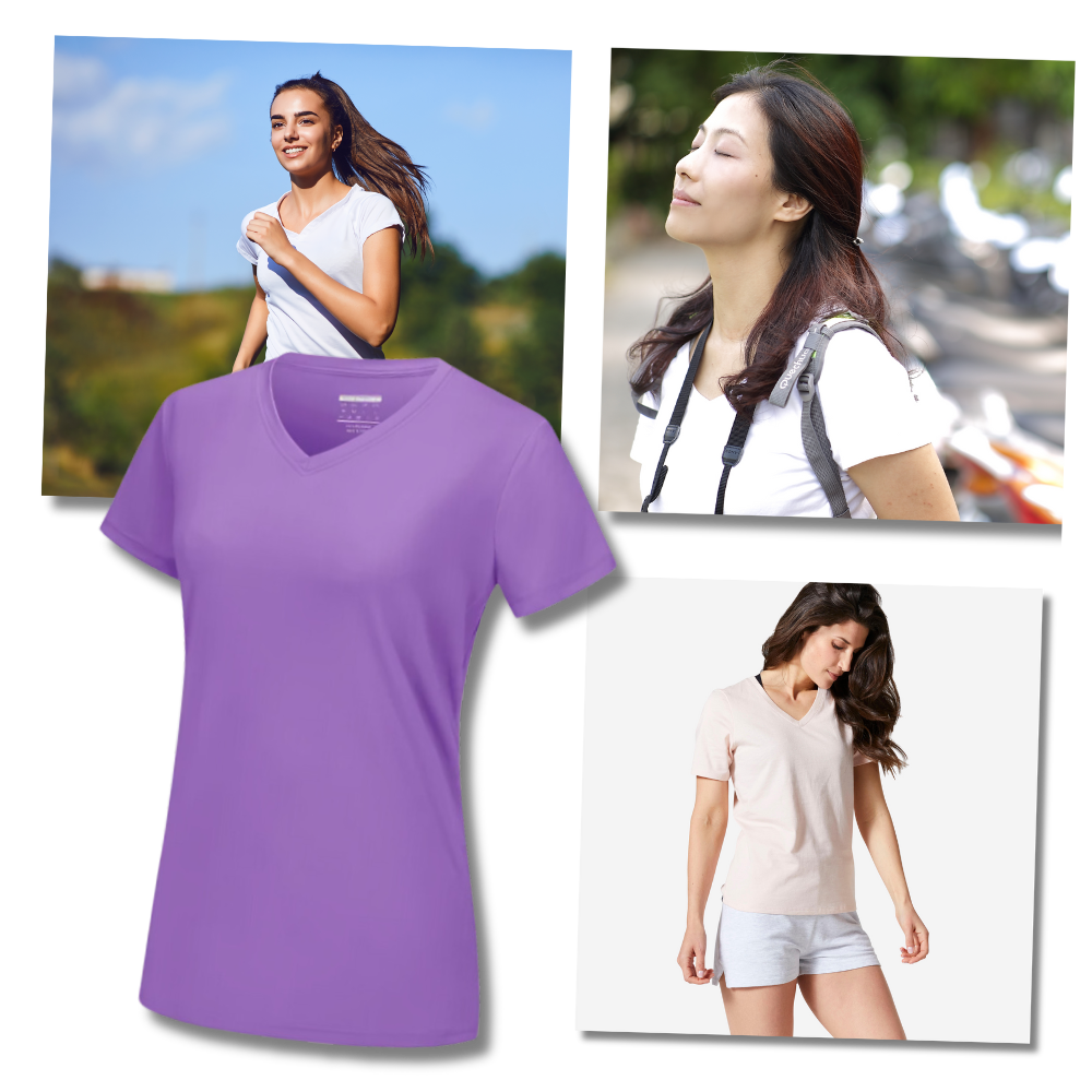 Camiseta feminina com decote em V refrescante da Fruit Of The Loom, tecido leve e confortável para uso diário.