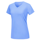 Camiseta feminina com gola V refrescante da Fruit Of The Loom, tecido leve azul claro, detalhe de alta qualidade.