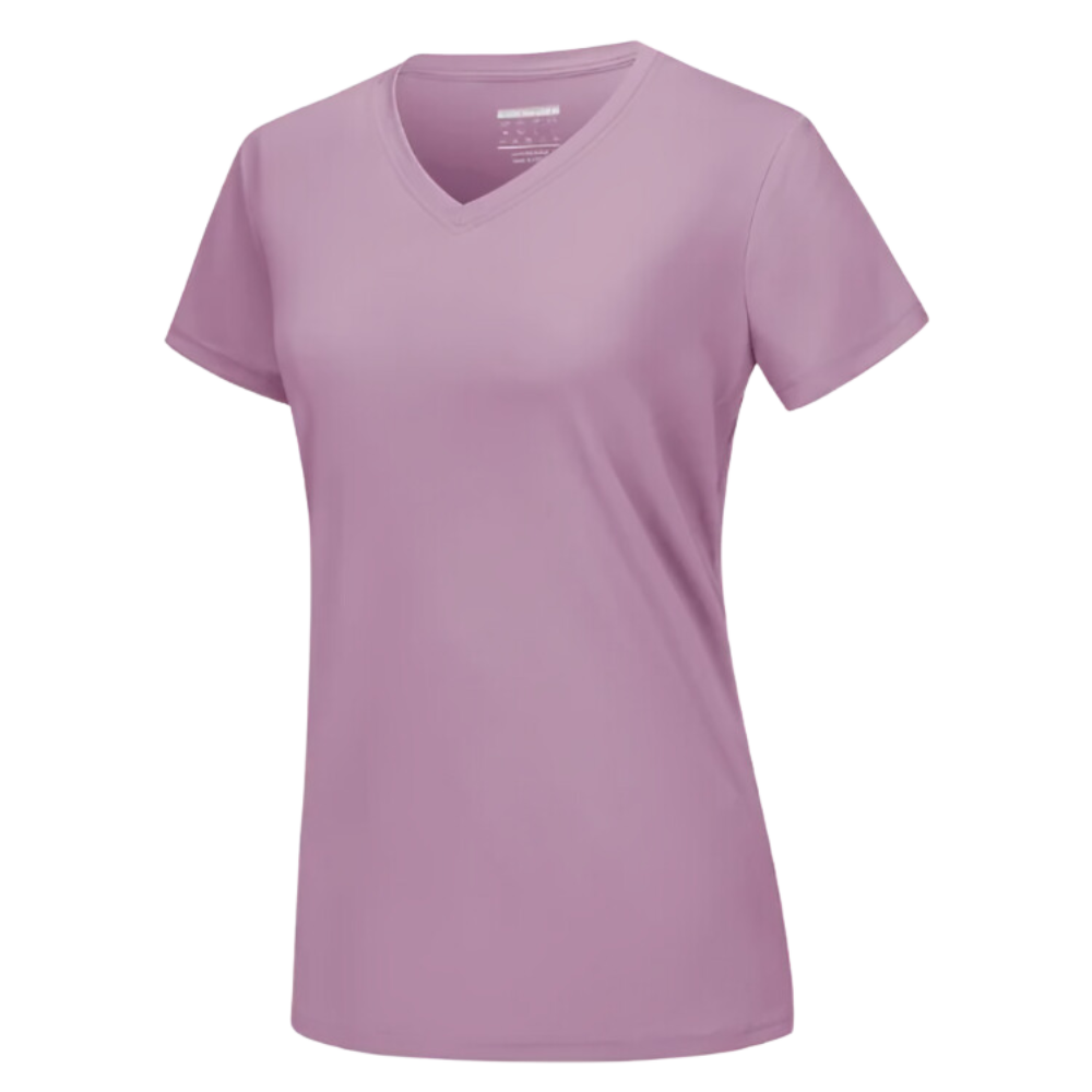 Camisa feminina de verão da Fruit Of The Loom, T-shirt refrescante com decote V em tom lilás claro, vista frontal.