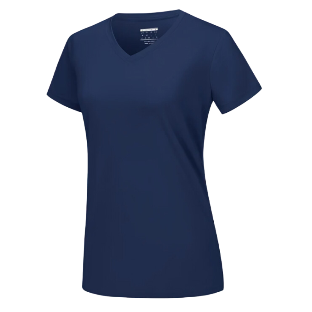 T-shirt feminino da Fruit Of The Loom com decote em V refrescante na cor azul marinho, tecido leve e confortável.