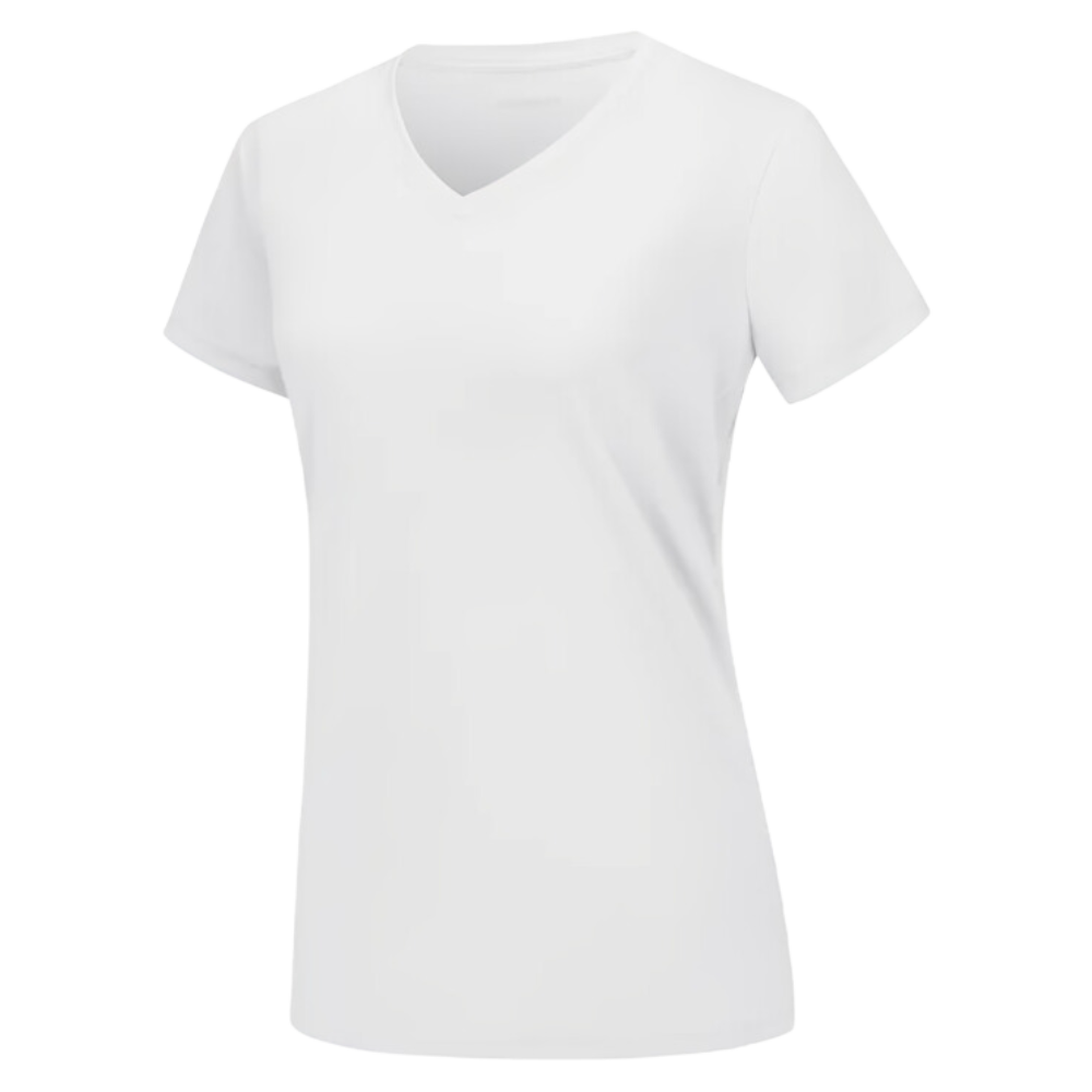 Camiseta feminina com decote V refrescante da Fruit Of The Loom, de cor branca, feita para conforto e estilo.