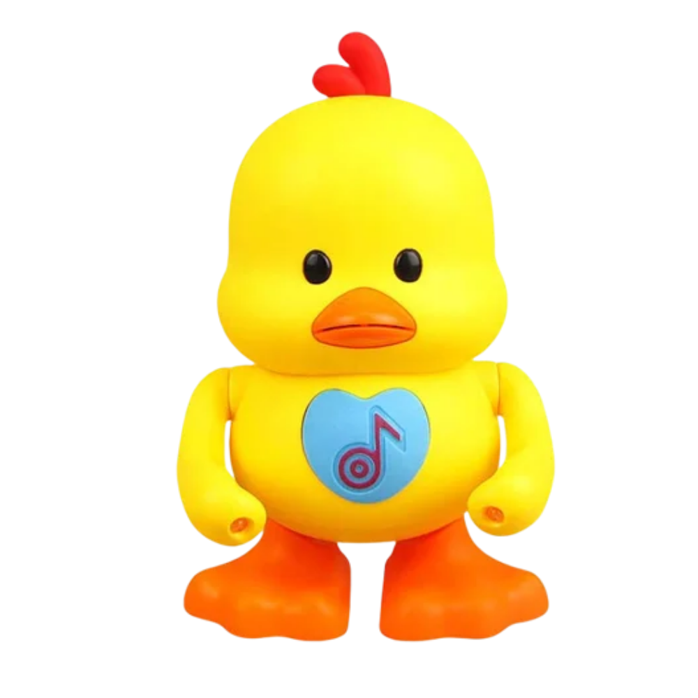 Brinquedo interativo de pato dançante luminoso da marca Huile, com luzes e movimento para entretenimento infantil.