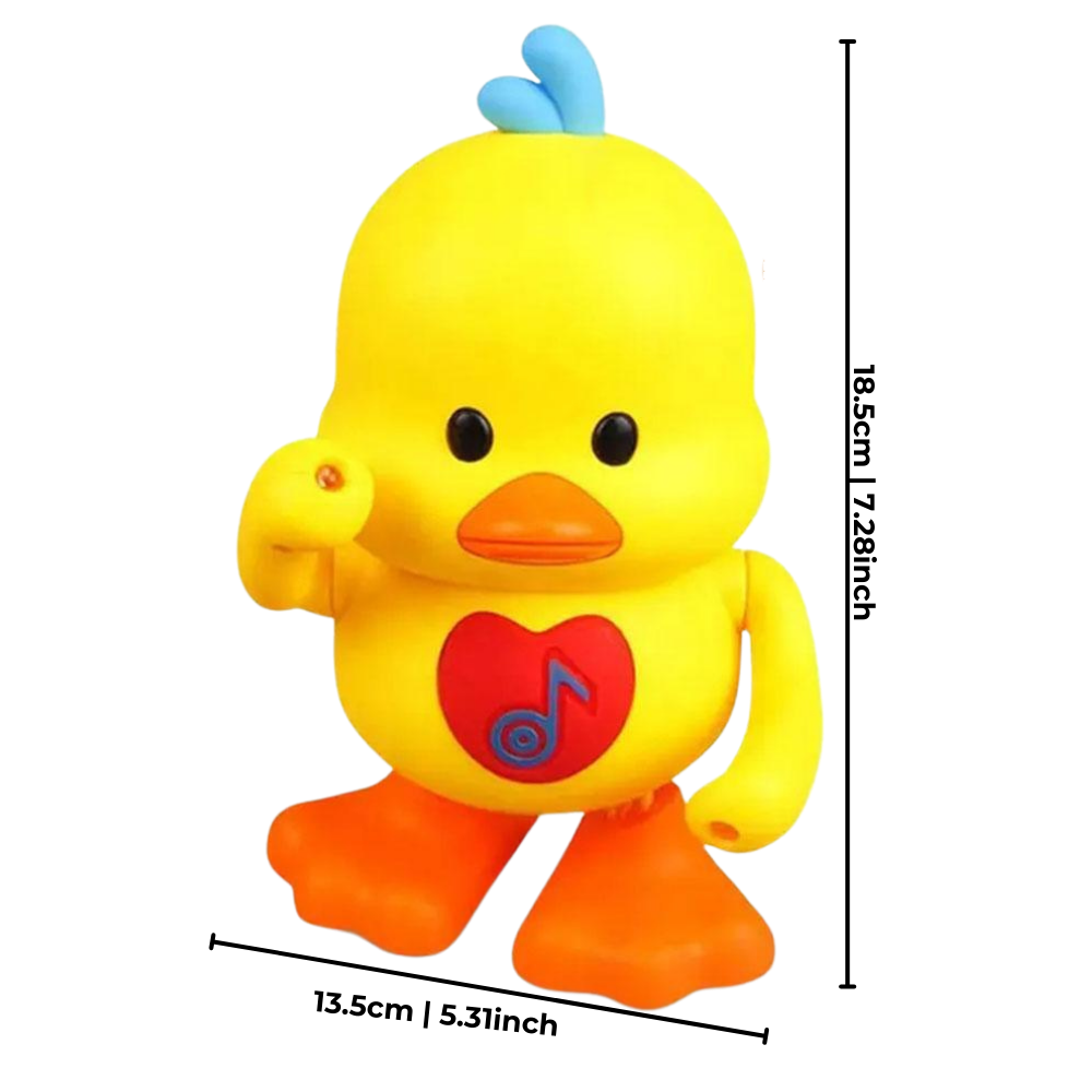 Brinquedo interativo de pato dançante luminoso da marca Huile, com efeito de luz e movimento divertido para crianças.
