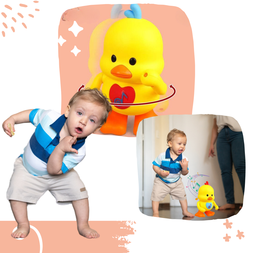 Brinquedo interativo de pato dançante com luzes, da marca Huile, em movimento rítmico, ideal para diversão infantil.