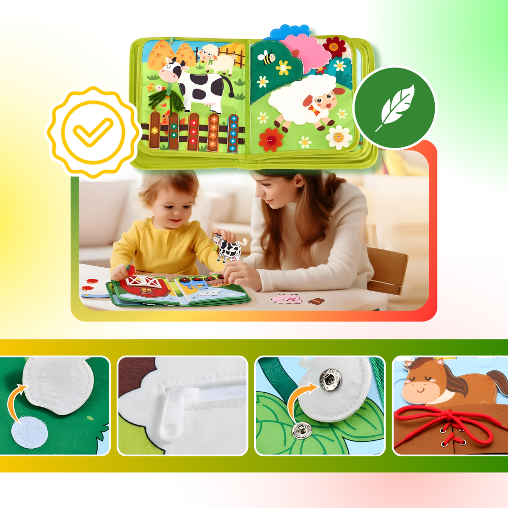 Livro interativo de velcro para crianças sobre a fazenda, brinquedo educacional da Pearoft com peças de fácil manuseio para mãos pequenas.