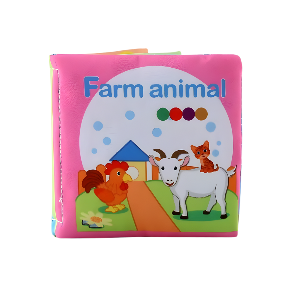 Livro infantil de tecido com velcro interativo sobre a fazenda, brinquedo educativo da marca Pearoft para crianças.