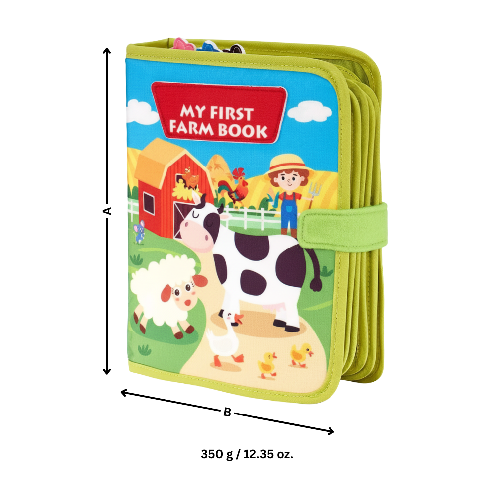 Livro interativo de velcro da Pearoft para crianças com tema de fazenda, brinquedo educativo com partes removíveis e texturas.