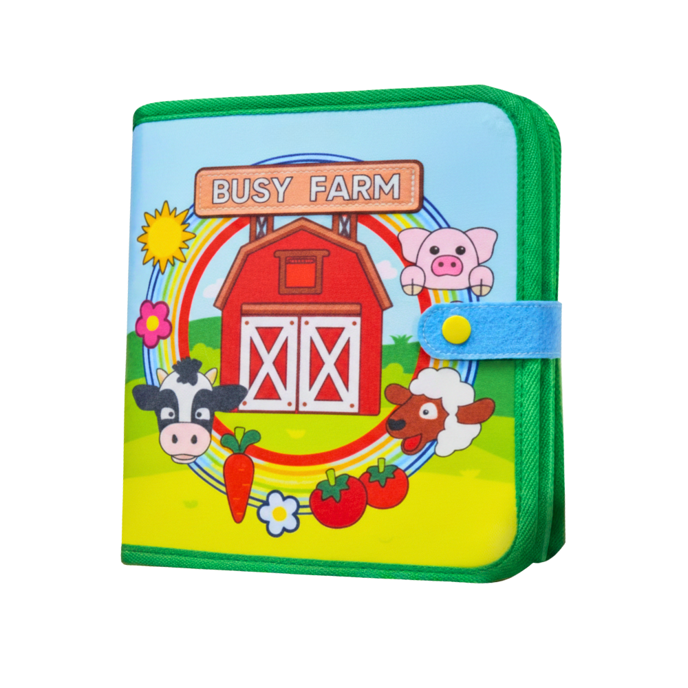 Livro interativo de velcro para crianças com tema de fazenda, brinquedo educativo da marca Pearoft, com páginas verdes e figuras de fazenda.