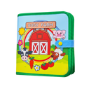 Livro interativo de velcro para crianças com tema de fazenda, brinquedo educativo da marca Pearoft, com páginas verdes e figuras de fazenda.