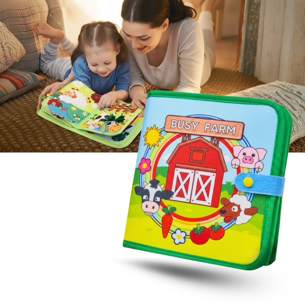 Livro interativo de velcro da Pearoft com tema de fazenda, ideal para crianças, com páginas educativas e divertidas.