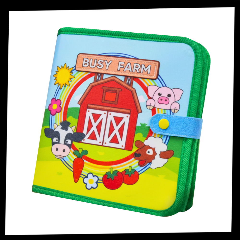 Livro infantil interativo de velcro com tema de fazenda, brinquedo educativo Pearoft para crianças, páginas coloridas e interativas.