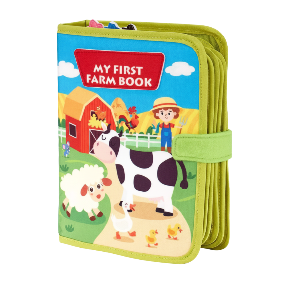Livro infantil interativo de velcro sobre fazenda, brinquedo educacional da Pearoft com páginas amarelas para crianças.