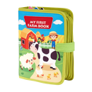 Livro infantil interativo de velcro sobre fazenda, brinquedo educacional da Pearoft com páginas amarelas para crianças.