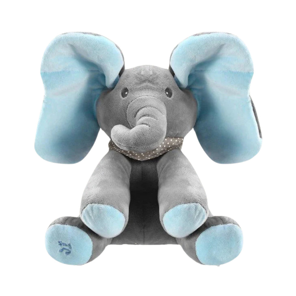 Peluche elefante azul interativa Sun & Roots, com função de esconder e aparecer, ideal para crianças e brincadeiras educativas.