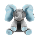 Peluche elefante azul interativa Sun & Roots, com função de esconder e aparecer, ideal para crianças e brincadeiras educativas.