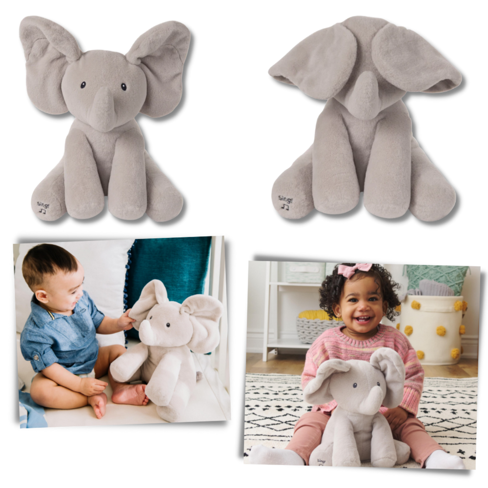 Peluche de elefante cache-cache interativo da Sun & Roots, com expressão fofa e detalhes suaves, ideal para crianças.