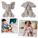 Peluche de elefante cache-cache interativo da Sun & Roots, com expressão fofa e detalhes suaves, ideal para crianças.