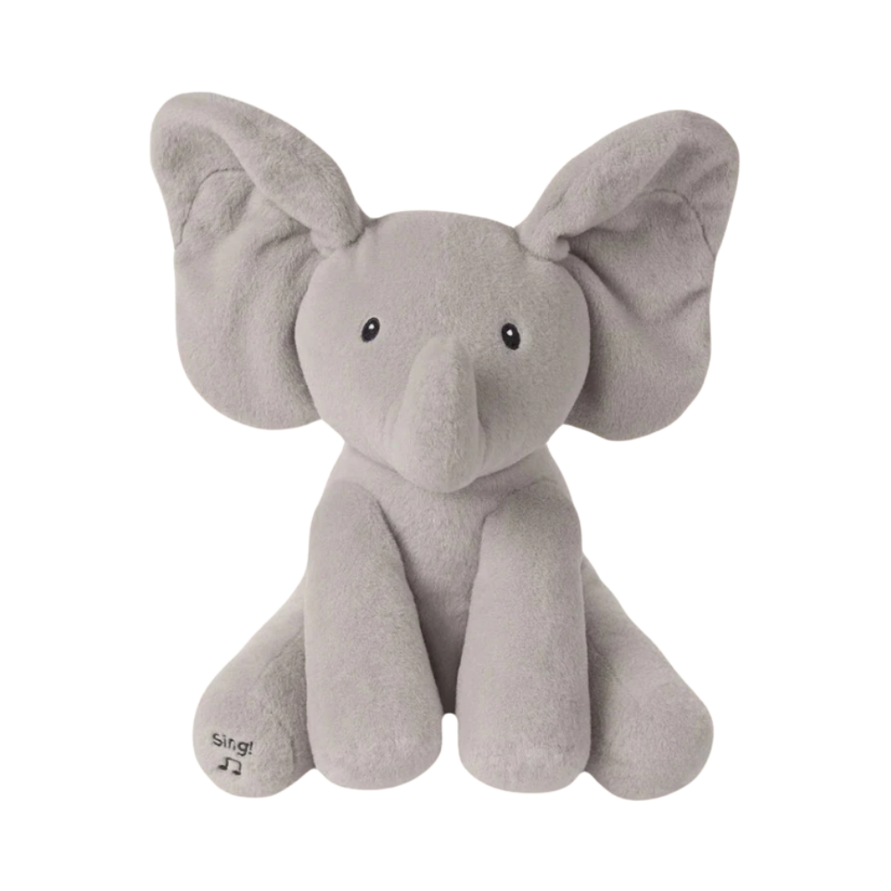 Peluche elefante cinza da Sun & Roots, brinquedo interativo de cache-cache, com detalhes macios e fofos.