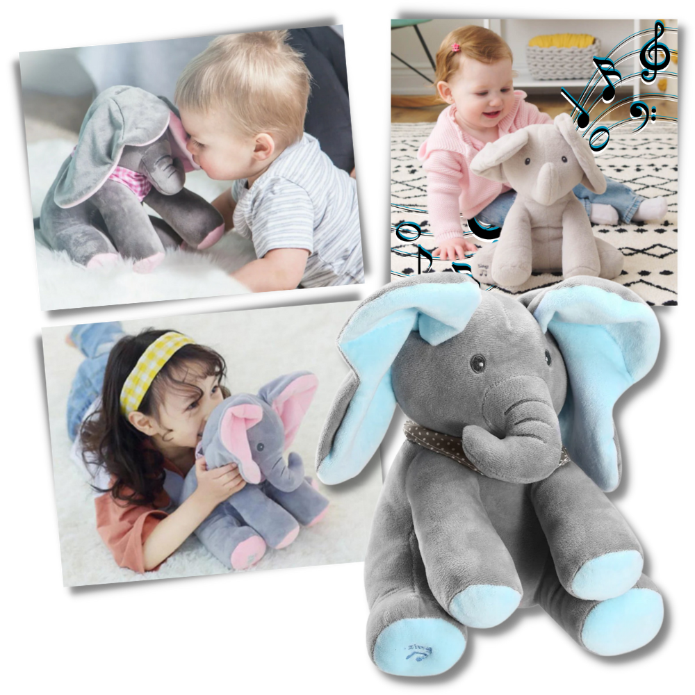 Peluche elefante Sun & Roots, brinquedo interativo de esconder e revelar, com detalhes macios e cores suaves, para crianças.
