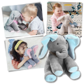 Peluche elefante Sun & Roots, brinquedo interativo de esconder e revelar, com detalhes macios e cores suaves, para crianças.