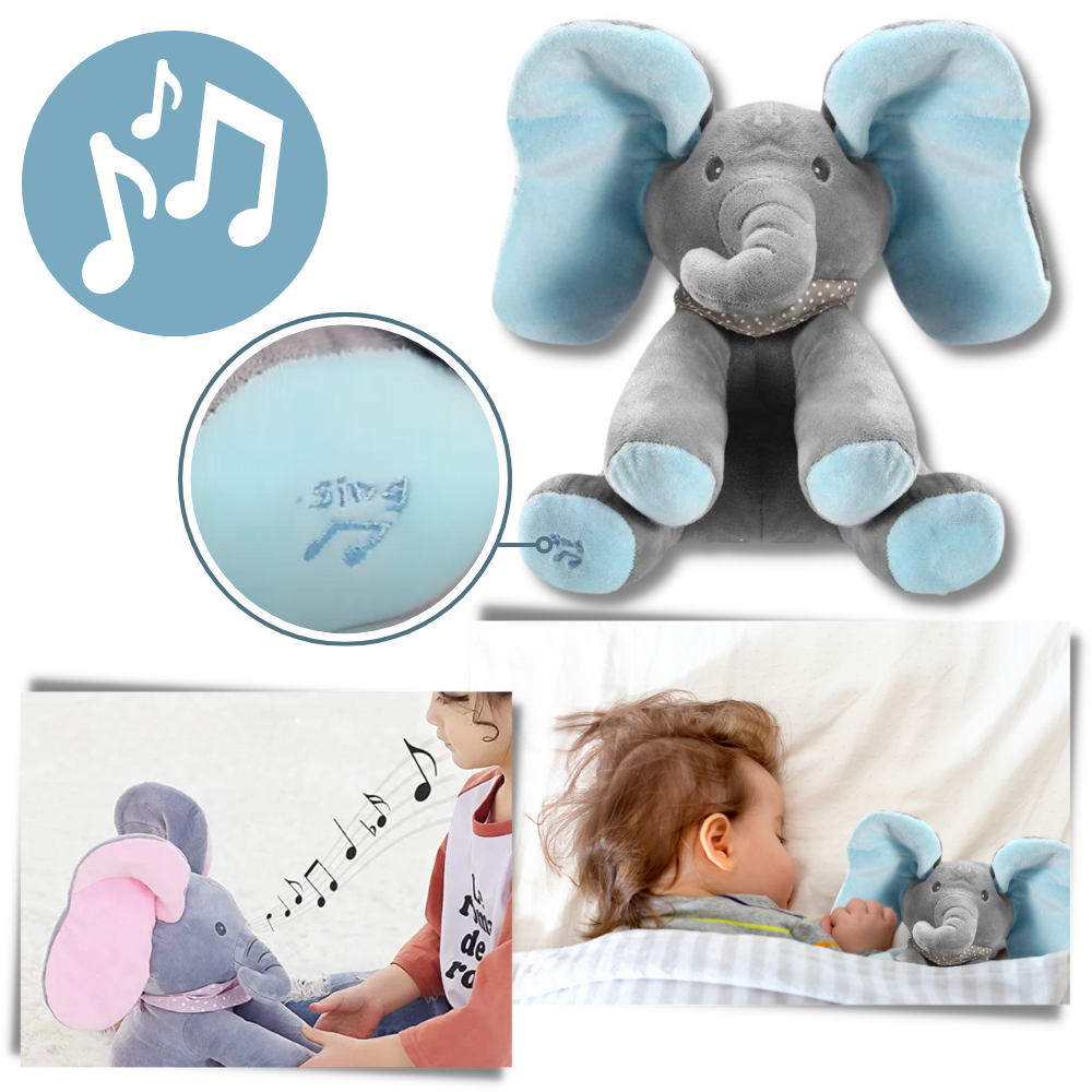 Peluche elefante cache-cache interativo da Sun & Roots com detalhes macios, ideal para crianças e brincadeiras educativas.