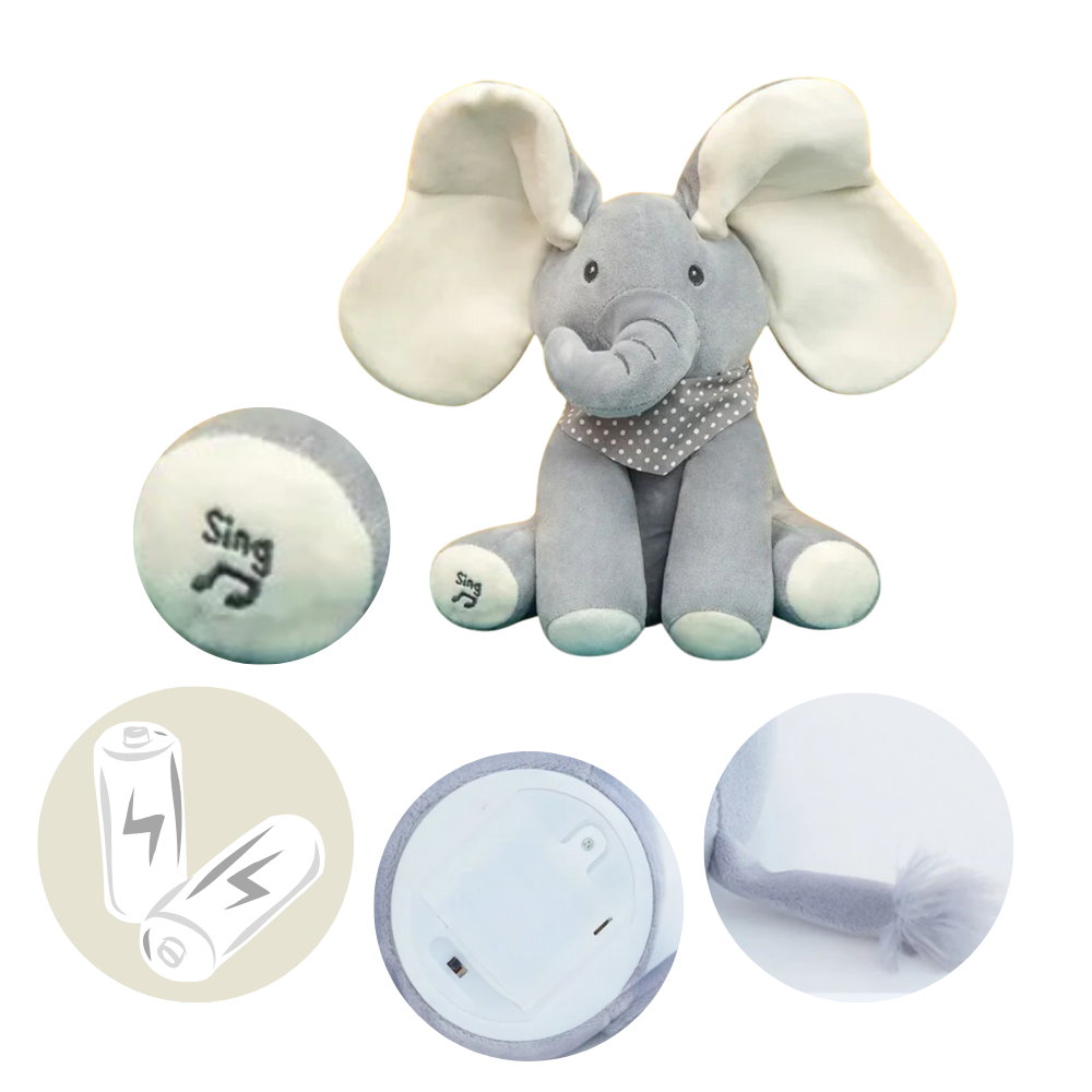 Peluche elefante cache-cache interativo Sun & Roots, macio, com recursos de brincadeira e aparência realista.