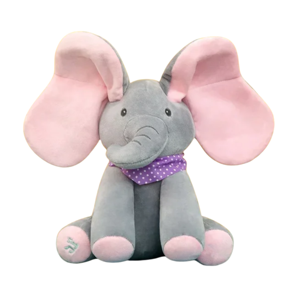 Peluche elefante cache-cache interativo da Sun & Roots, pelúcia rosa com elementos de brinquedo para bebês.