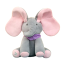 Peluche elefante cache-cache interativo da Sun & Roots, pelúcia rosa com elementos de brinquedo para bebês.