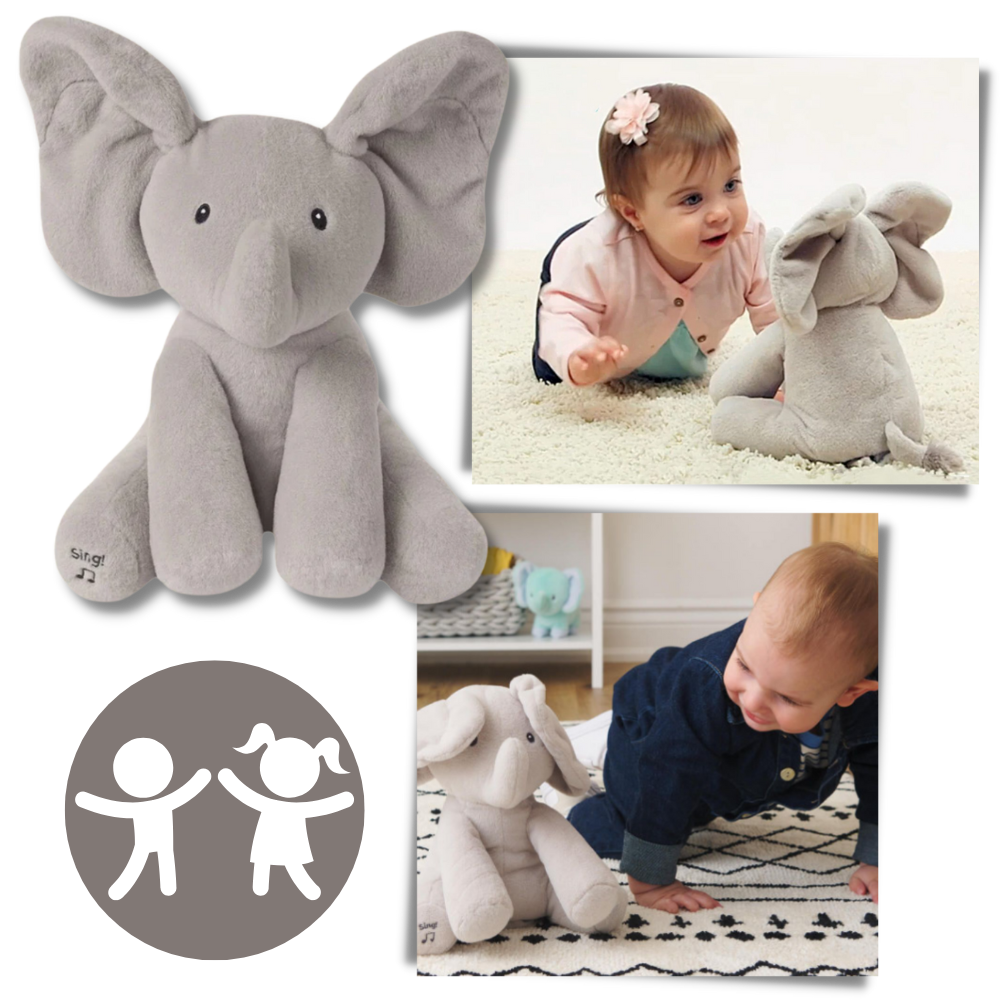 Peluche de elefante cache-cache interativo Sun & Roots, com detalhes macios e recursos de brincadeira para crianças.