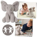 Peluche de elefante cache-cache interativo Sun & Roots, com detalhes macios e recursos de brincadeira para crianças.