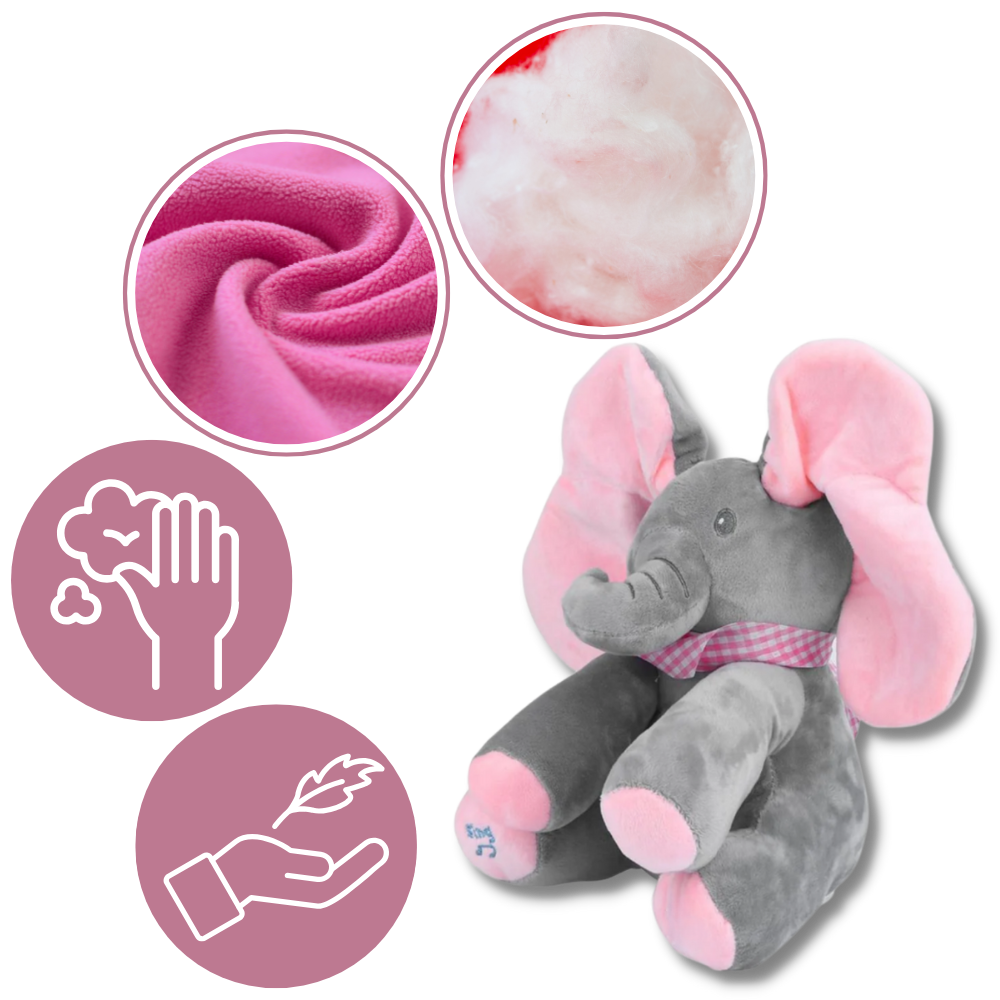 Peluche elefante cache-cache interativo da Sun & Roots, personagem macio e colorido para crianças.
