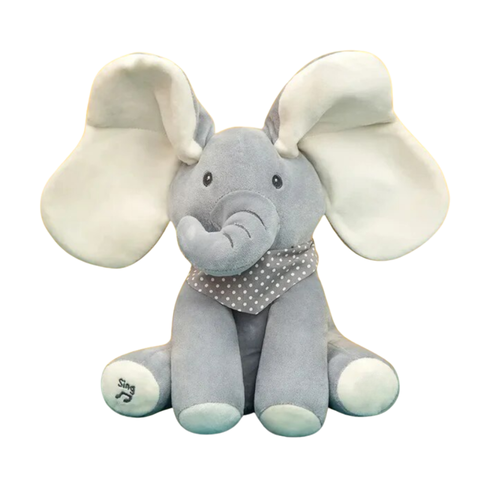 Peluche elefante cache-cache interativo Sun & Roots, brinquedo macio branco com funções de brincadeira e interação para crianças.