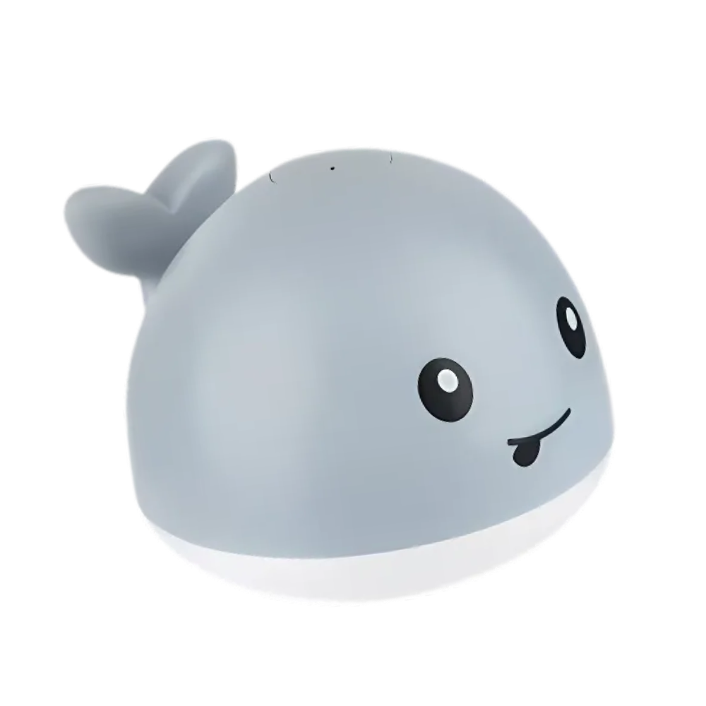 Brinquedo de banho interativo em forma de baleia cinza com luzes, ideal para divertir crianças durante o banho.
