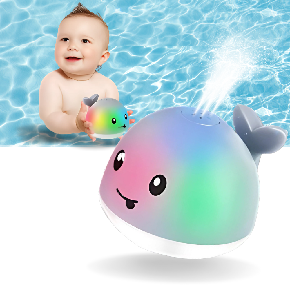Brinquedo de banho interativo em forma de baleia com luzes da marca Xelparuc, ideal para diversão na hora do banho.