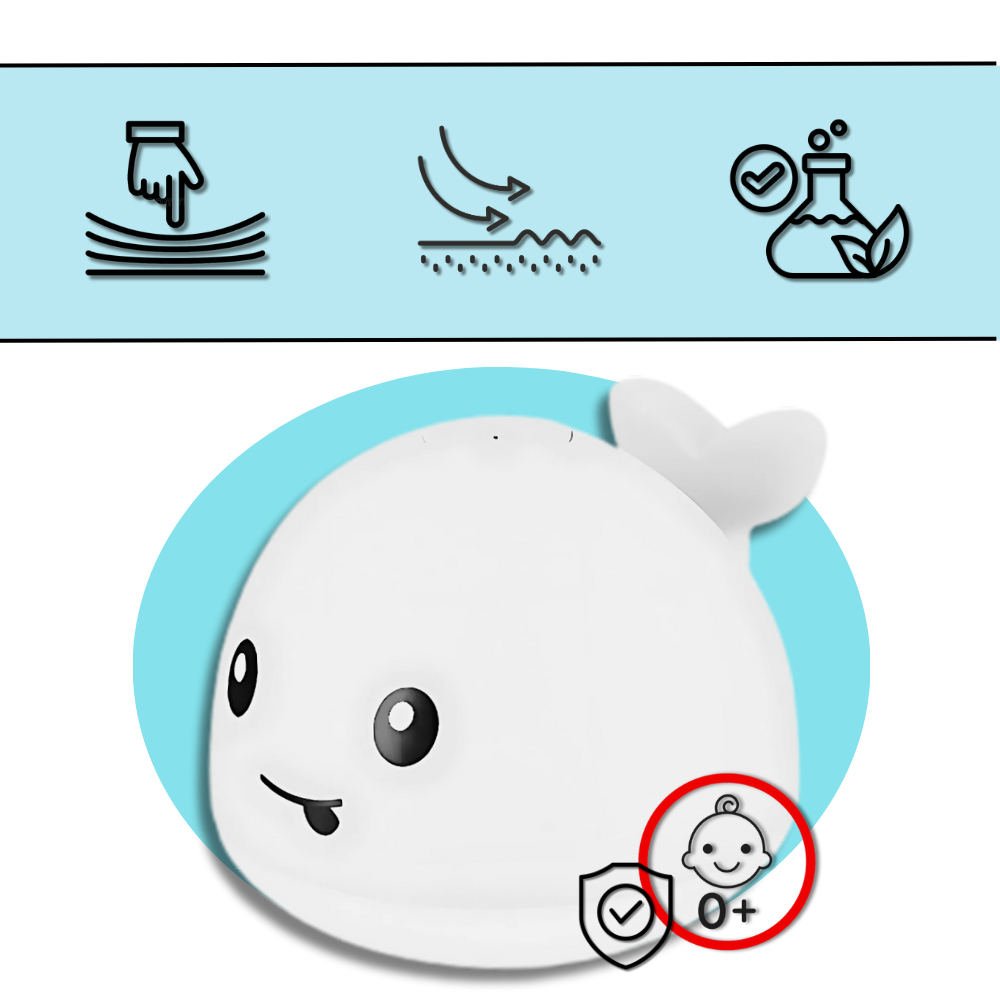 Brinquedo de banho interativo em forma de baleia da Xelparuc com luzes, ideal para diversão segura na hora do banho.