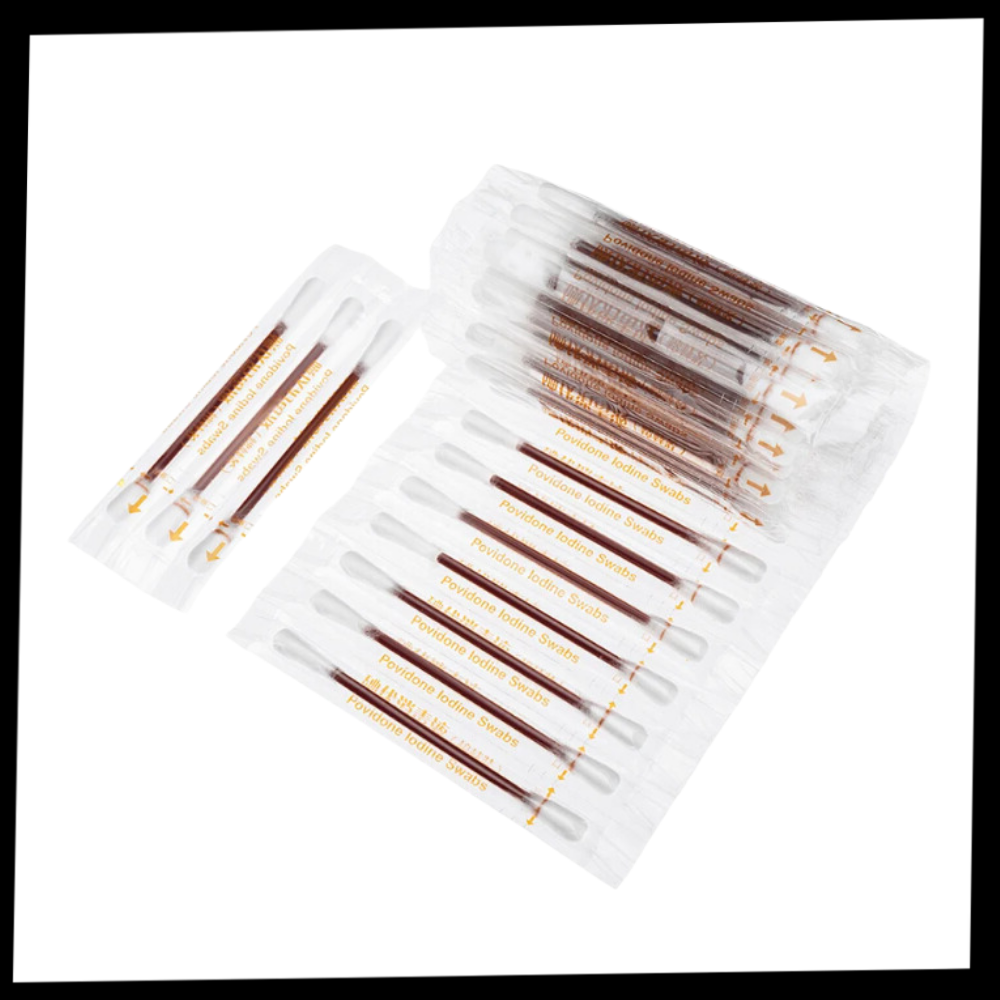 Pacote de coton-tiges de primeiros socorros Rosarivae com iodo e álcool, indicado para higiene e desinfecção.