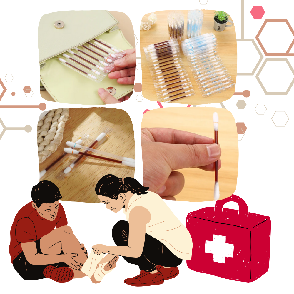 Coton-tiges de primeiros socorros da Rosarivae com iodo e álcool, usados para desinfecção e limpeza de feridas.